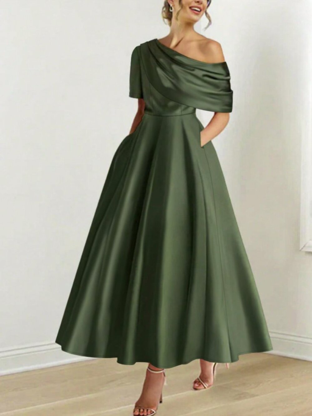Olive Green Elegant Regular Fit Asymmetrical Ruched Zipper Long A-Line Dress - Picture 3 of 5